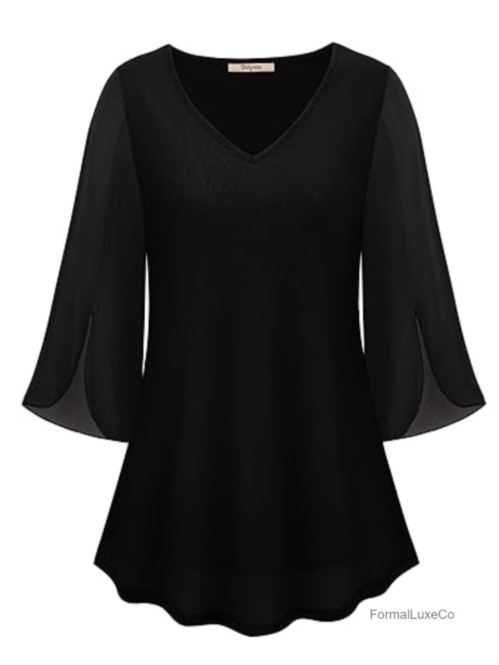 Ruffle 3/4 Sleeve V Neck Double Layers Mesh Flowy Tunic Top Women's Loose Fit